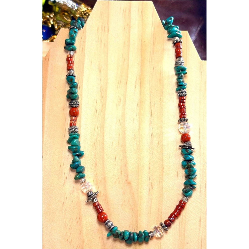 Turquoise Red Jasper Beaded Necklace Southwestern Boho Toggle Clasp Silver Tone